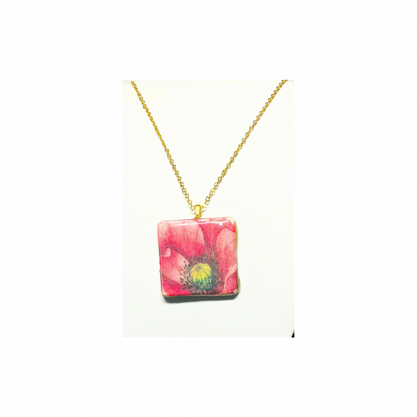 Pink Flower Clay Square Pendant Necklace - Trendy Cute Style Pink Handcrafted Lightweight for Everyday Wear