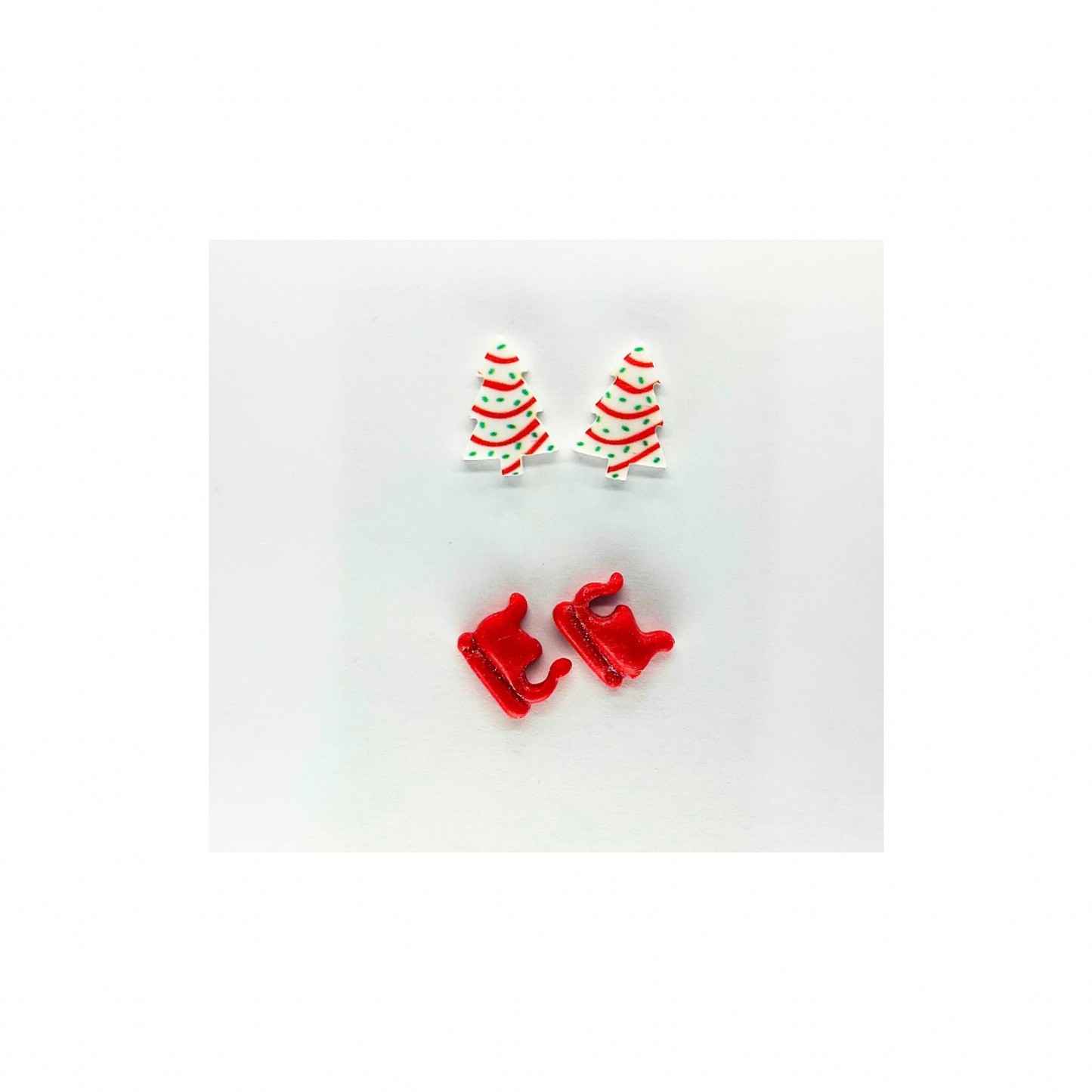 Debbie Cake Tree and Red Sleigh Stud Earrings Festive Christmas Design for Holiday Wear