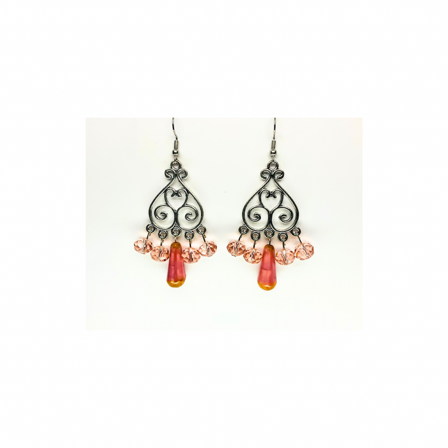 Crystal Chandelier Collection Teardrop Dangle Earrings with Pink and Orange Beads and Intricate Design