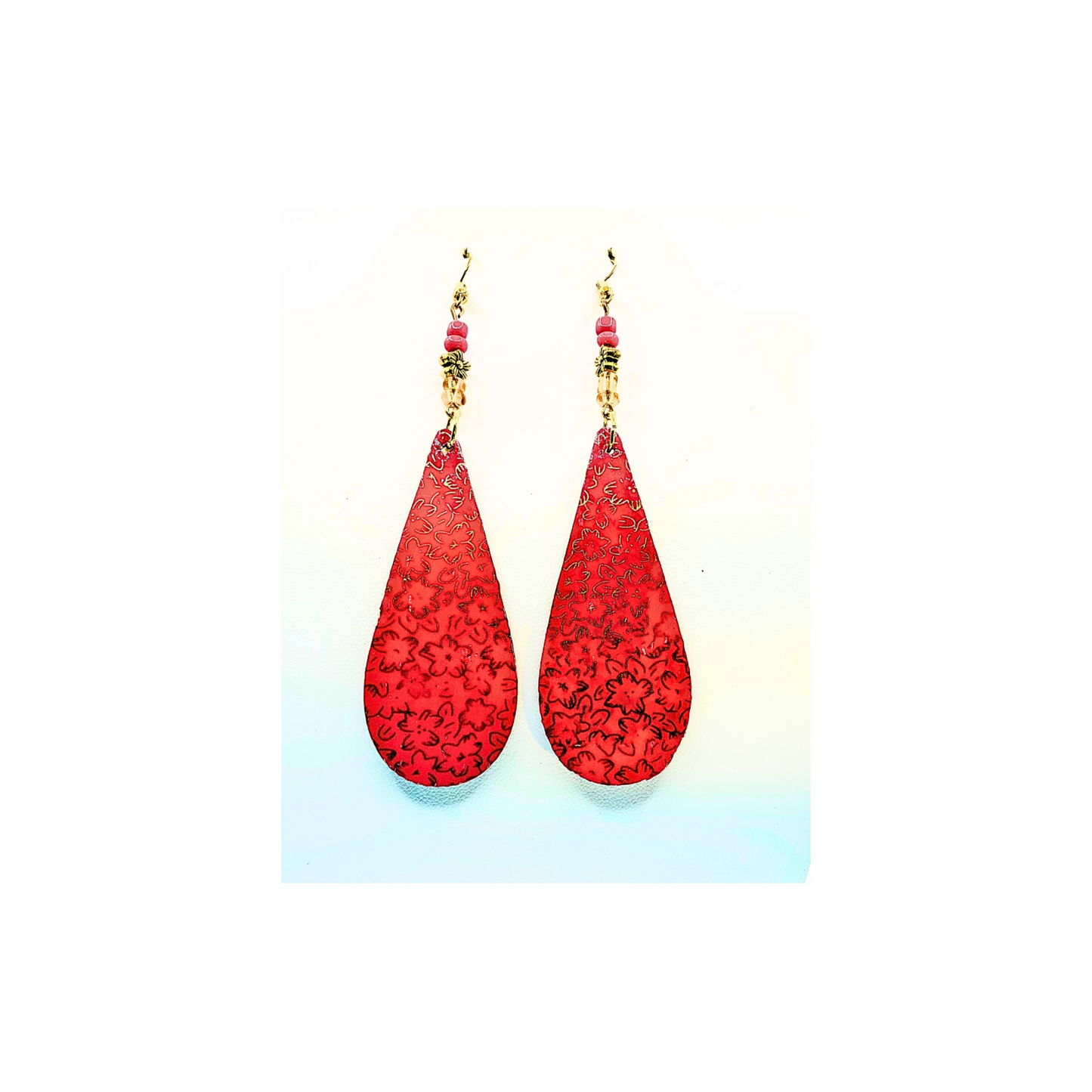 Pink and Gold Long Teardrop Lightweight Wood Dangle Earring