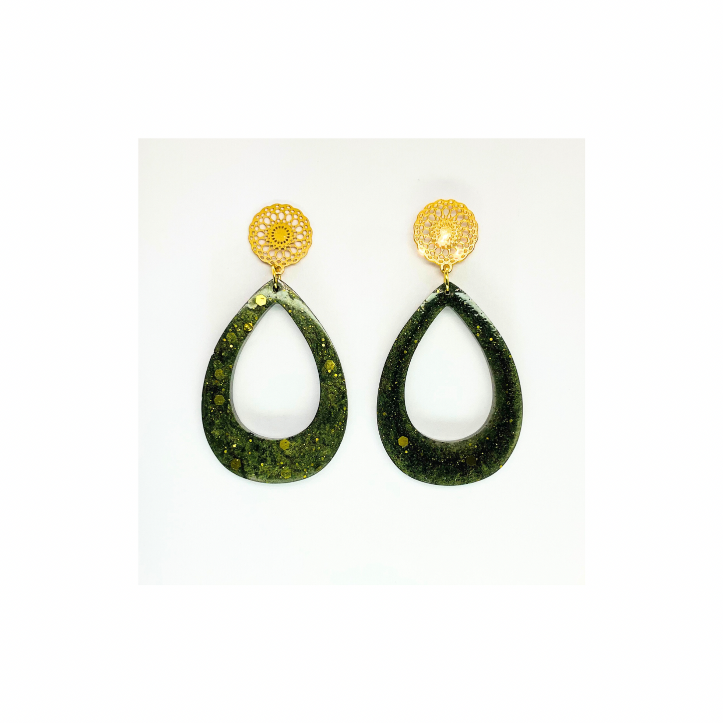 Hunter Green and Gold Sparkle Teardrop with Gold Filigree Stud Earrings - Elegant Teardrop Shape & Intricate Filigree Design