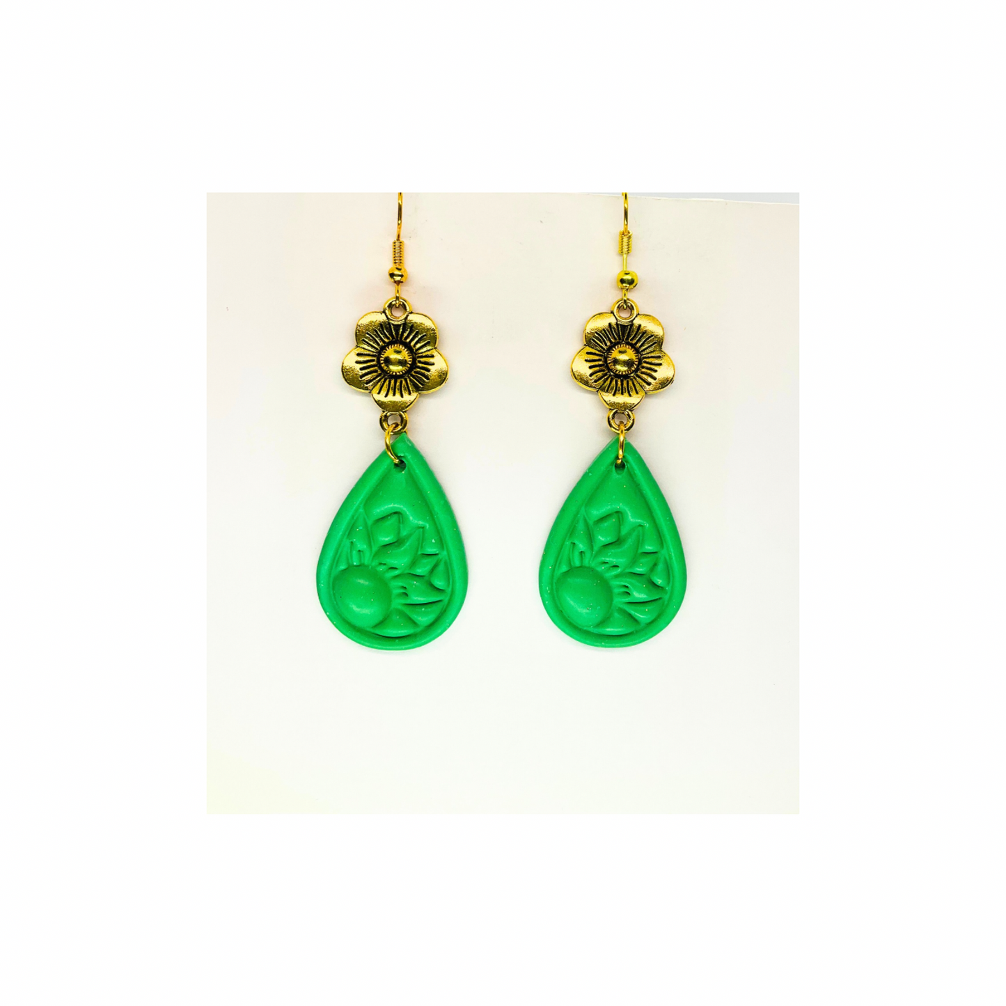 Green Teardrop with Gold Flower Dangle Earrings for Female Fashion Accessories