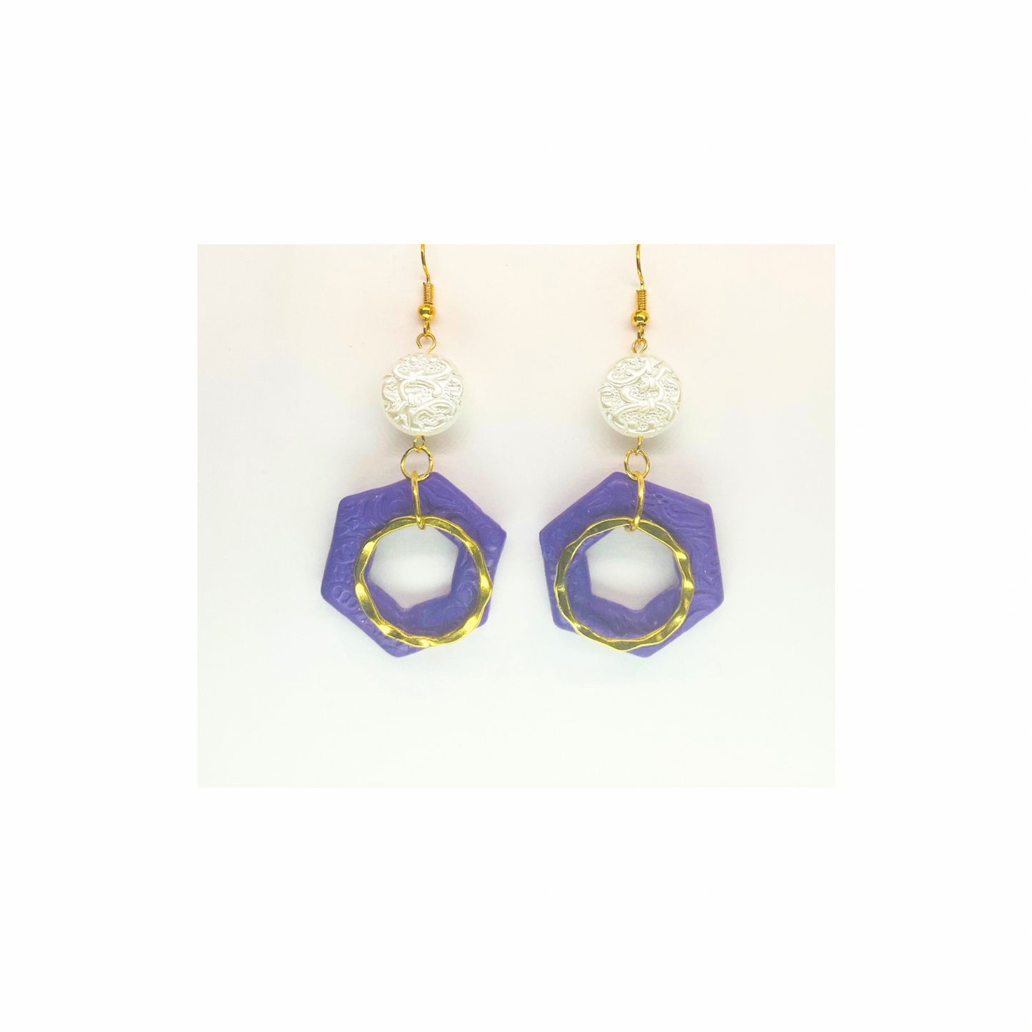 Deep Purple Hexagon and Gold with Pearl Bead Dangle Earring - Unique Design Earrings with Geometric Shapes