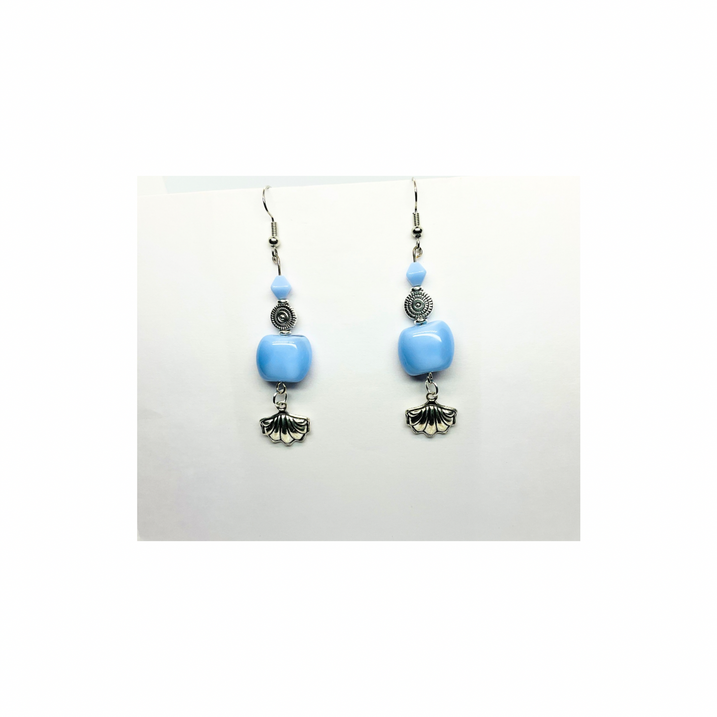 Ocean Collection Light Blue Beads with Silver Shell Charm Dangle Earrings - Stylish and Unique Design