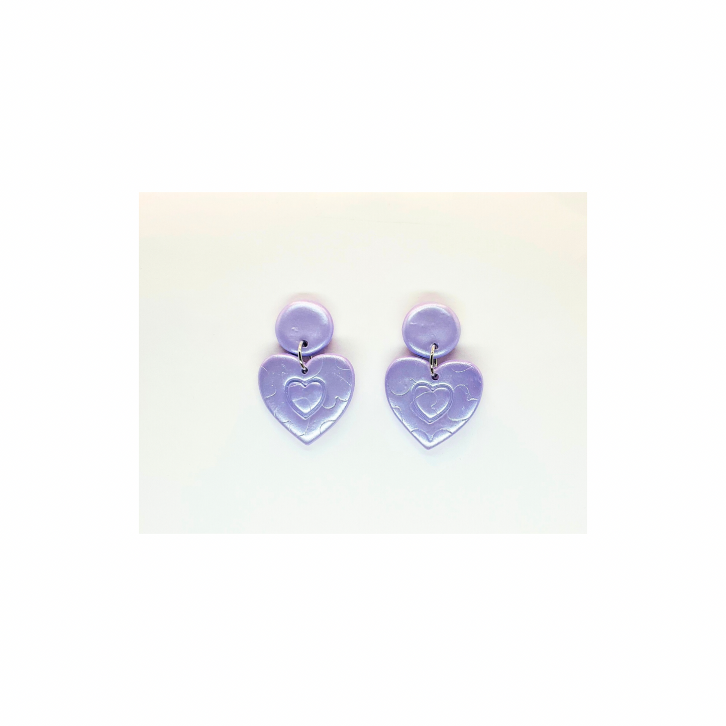 Light Purple Iridescent Stud with Pressed Hearts Dangle Earrings