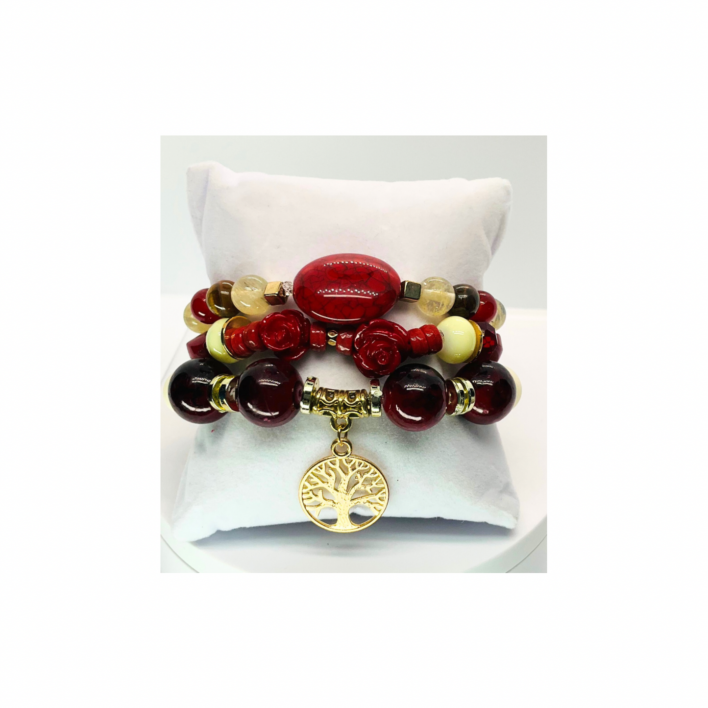 Red and Gold Set of Three Stretch Beaded Bracelets 7-inch Versatile Accessory for Everyday Wear or Special Occasions