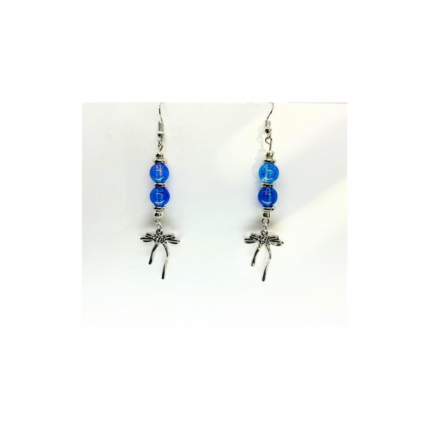 Blue Crystal Glass Bead Dangle Earrings with Silver Bow