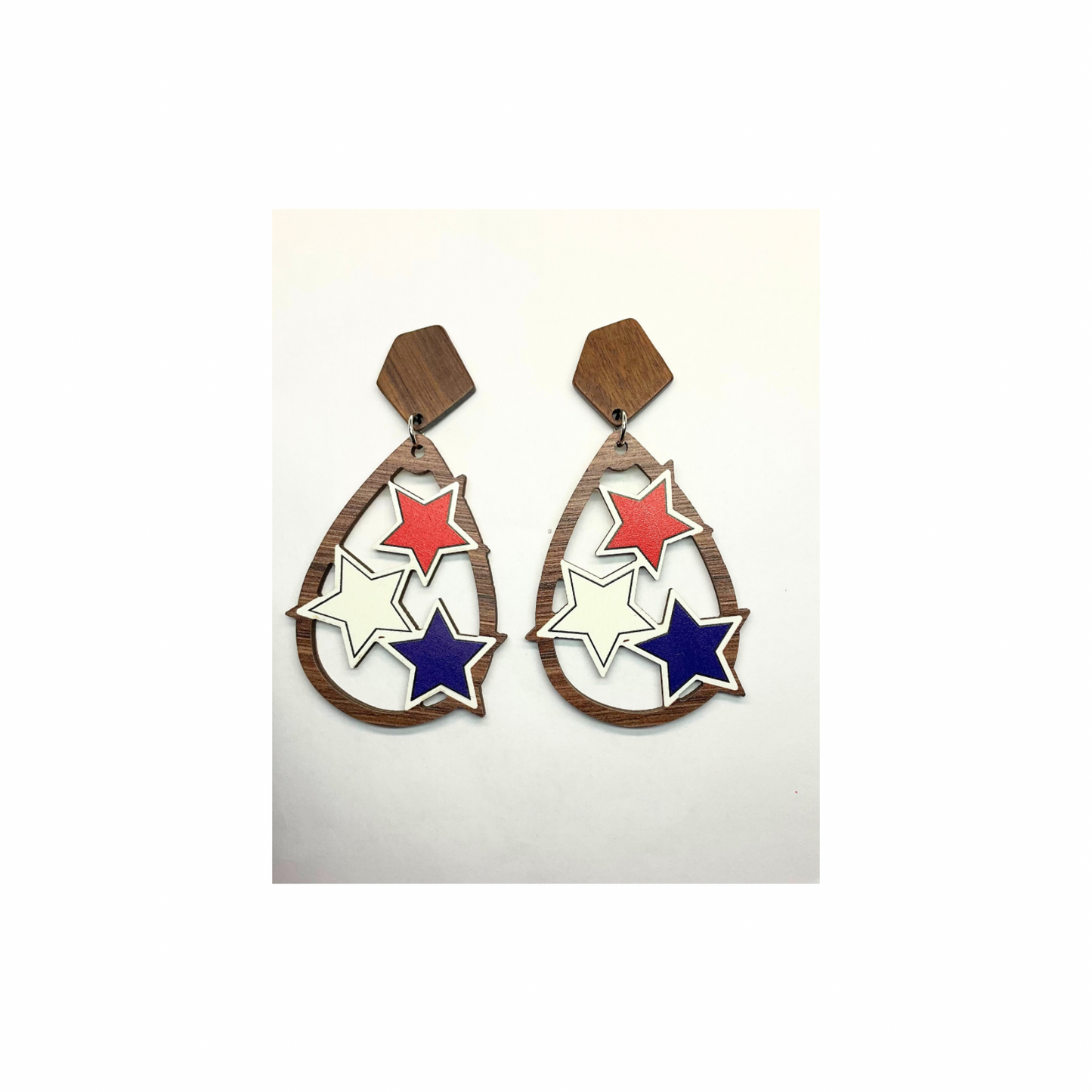 Patriotic Collection Red White Blue Wood Star Teardrop Dangle Earrings for Female Patriotic Jewelry