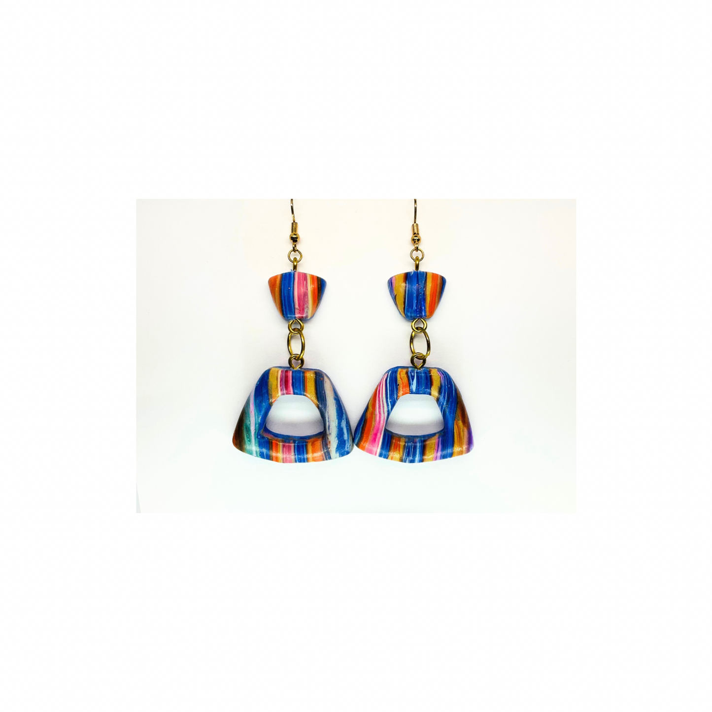 Striped Pinks and Blues Dangle Earrings - Colorful Striped Design with Gold Hooks