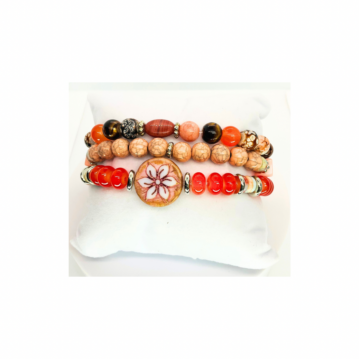 Coral Stacked Stretch Beaded Set of Three Bracelets with Natural Coral Beads for Stylish and Comfortable Wear