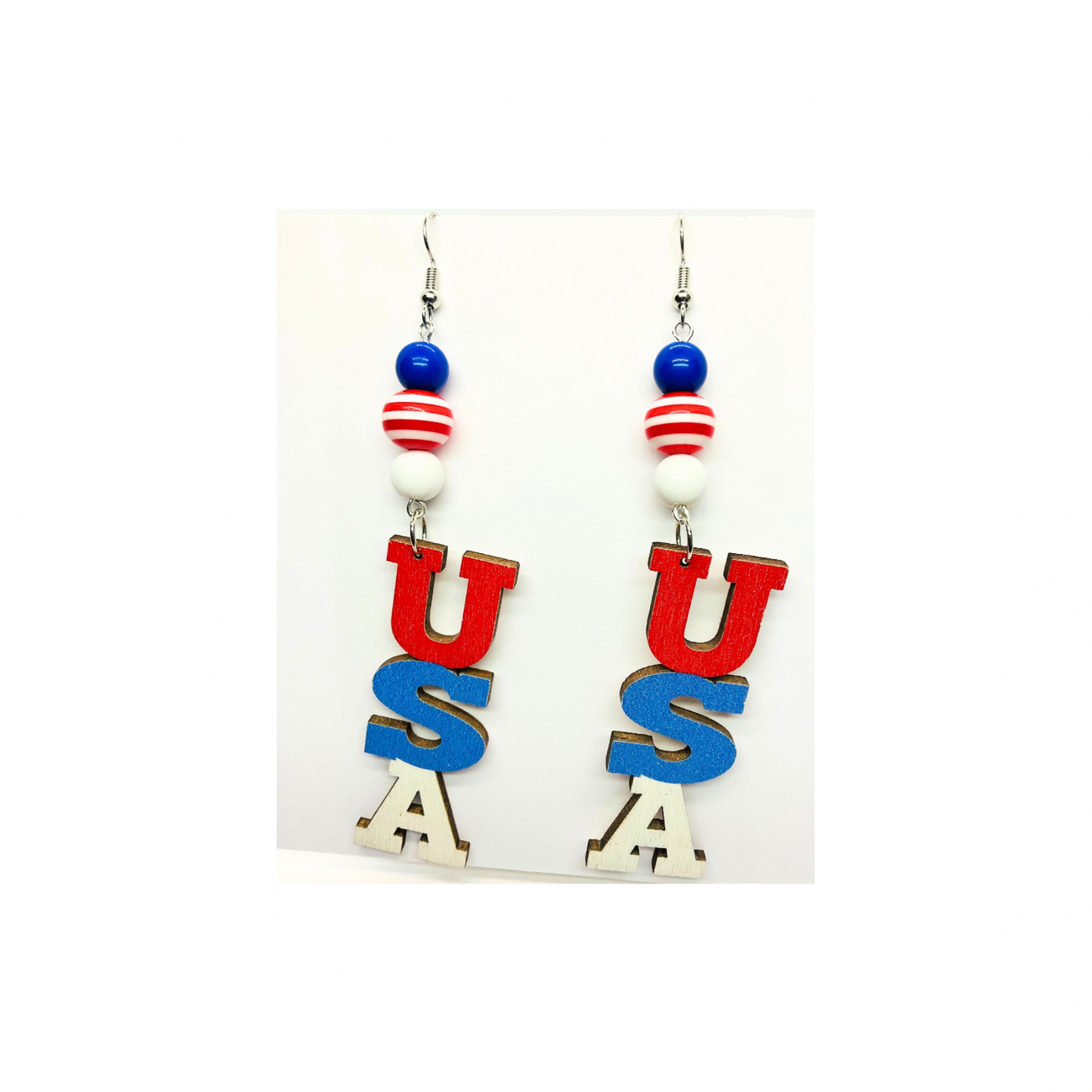 Patriotic Collection USA Wood with Bead Dangle Earring for Female Red White Blue Colorful Design