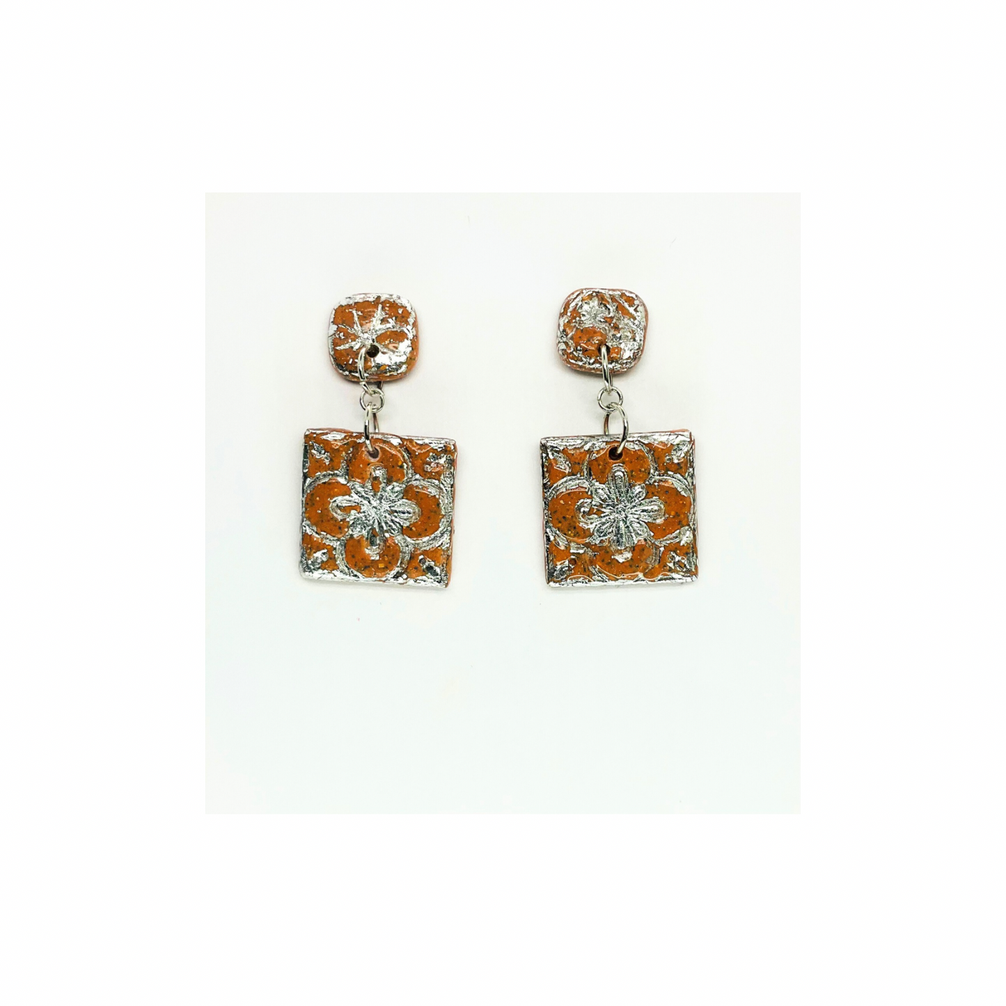 Terracotta Tile Stud Square with Silver Accents Dangle Earrings - Teracotta and Silver Design
