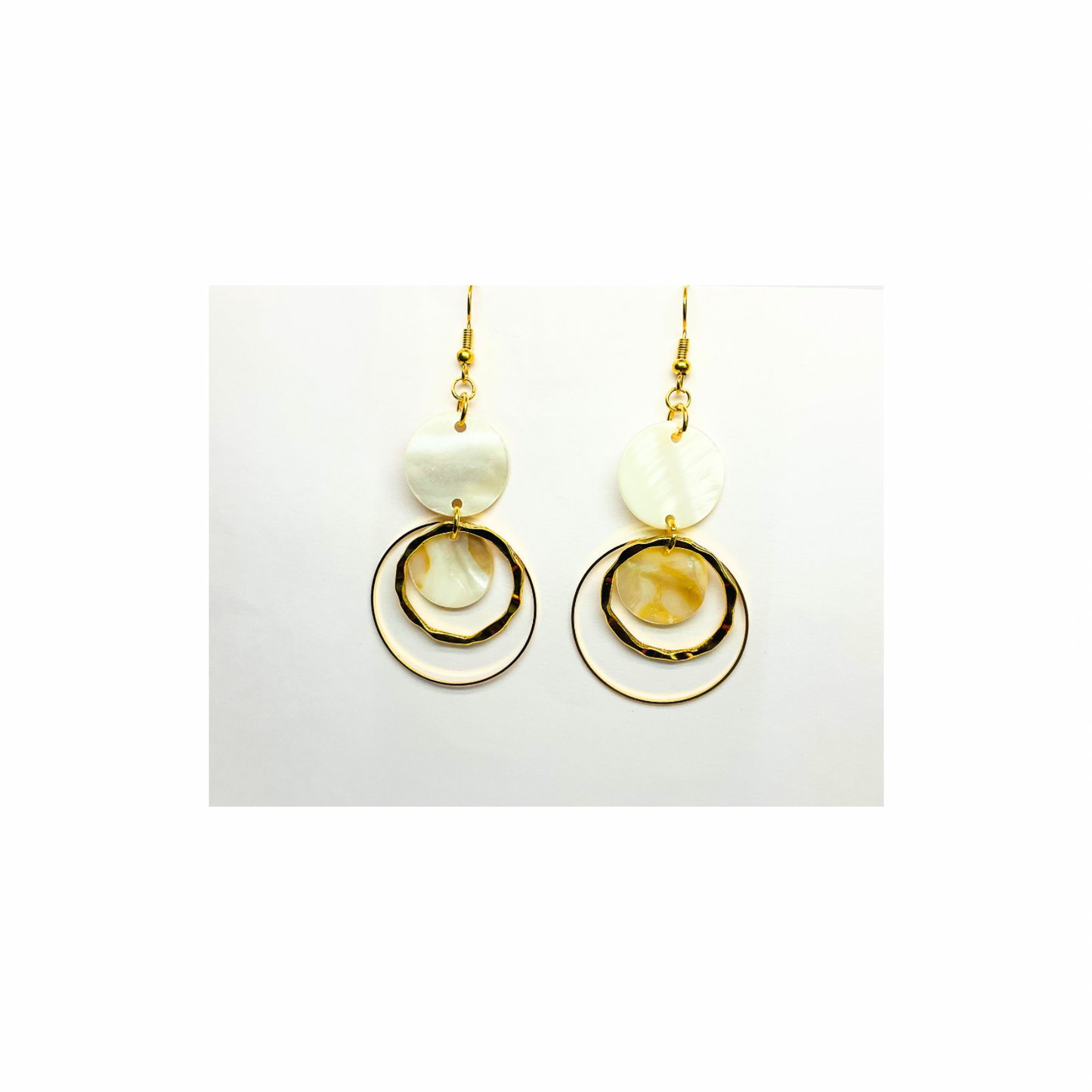 Spot Cream and Gold Collection Circle Dangle Earrings with Unique Design Elements