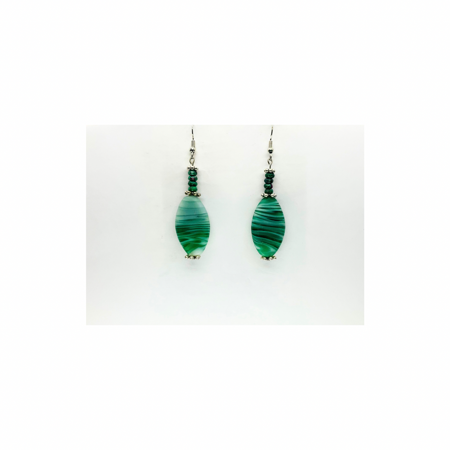 Green Glass Barrel Bead Dangles with Silver Details