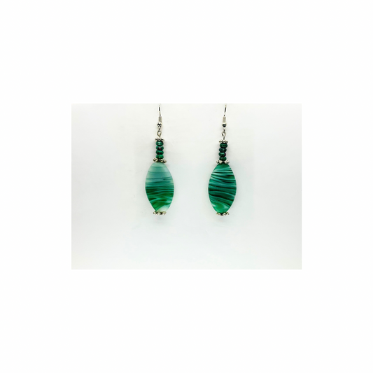 Green Glass Barrel Bead Dangles with Silver Details