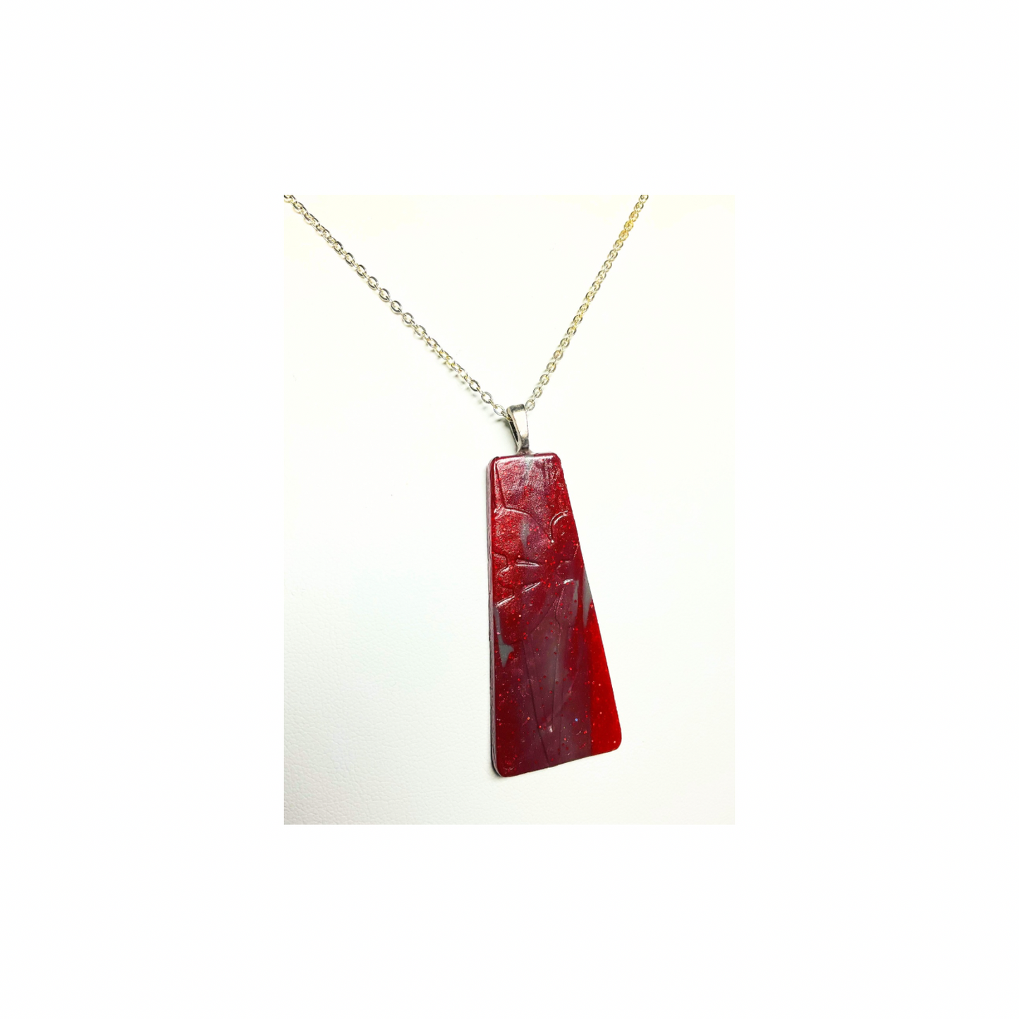 Handmade Red Polymer Clay Pendant with Pressed Flower Impressions on 18-inch Silver Chain Unique & Quality Crafted Jewelry