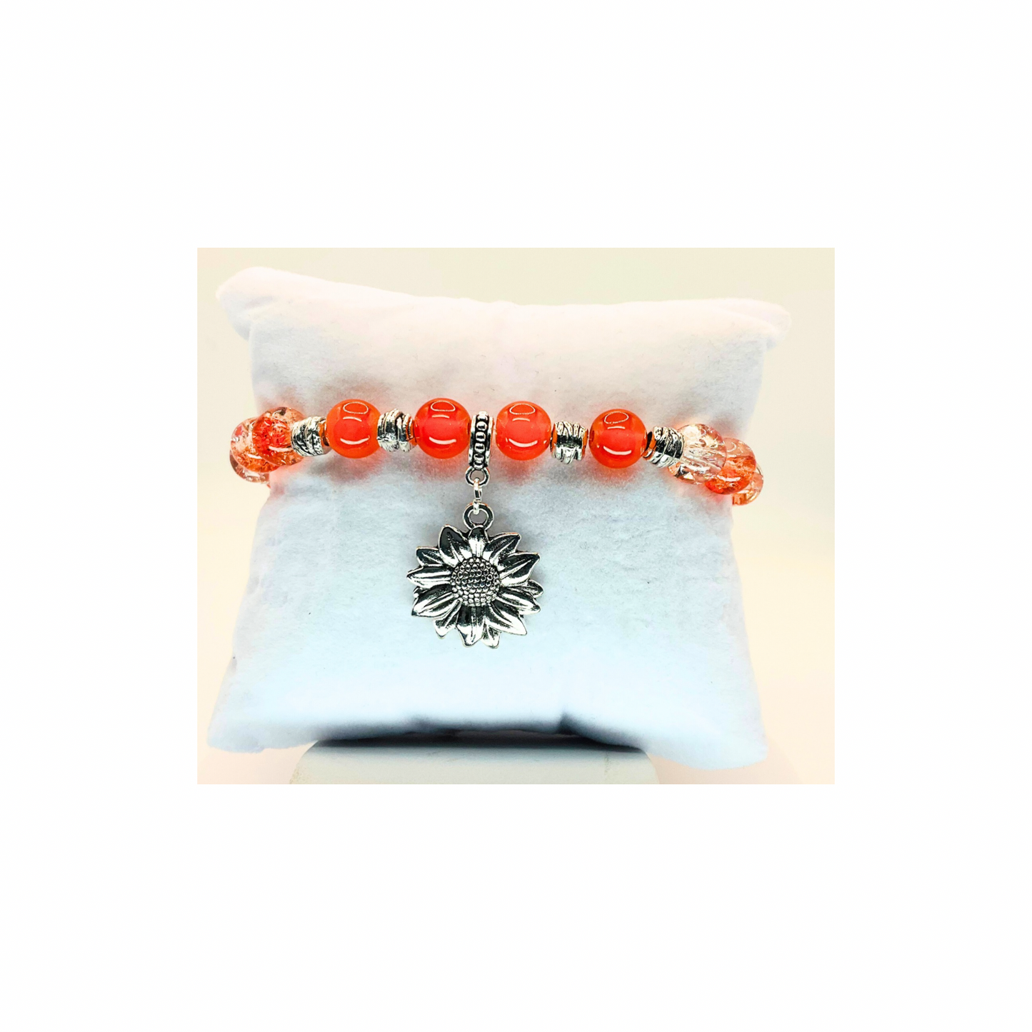 Tangerine and Silver Stretch Bracelet with Silver Sunflower Charm-Crafting By BB