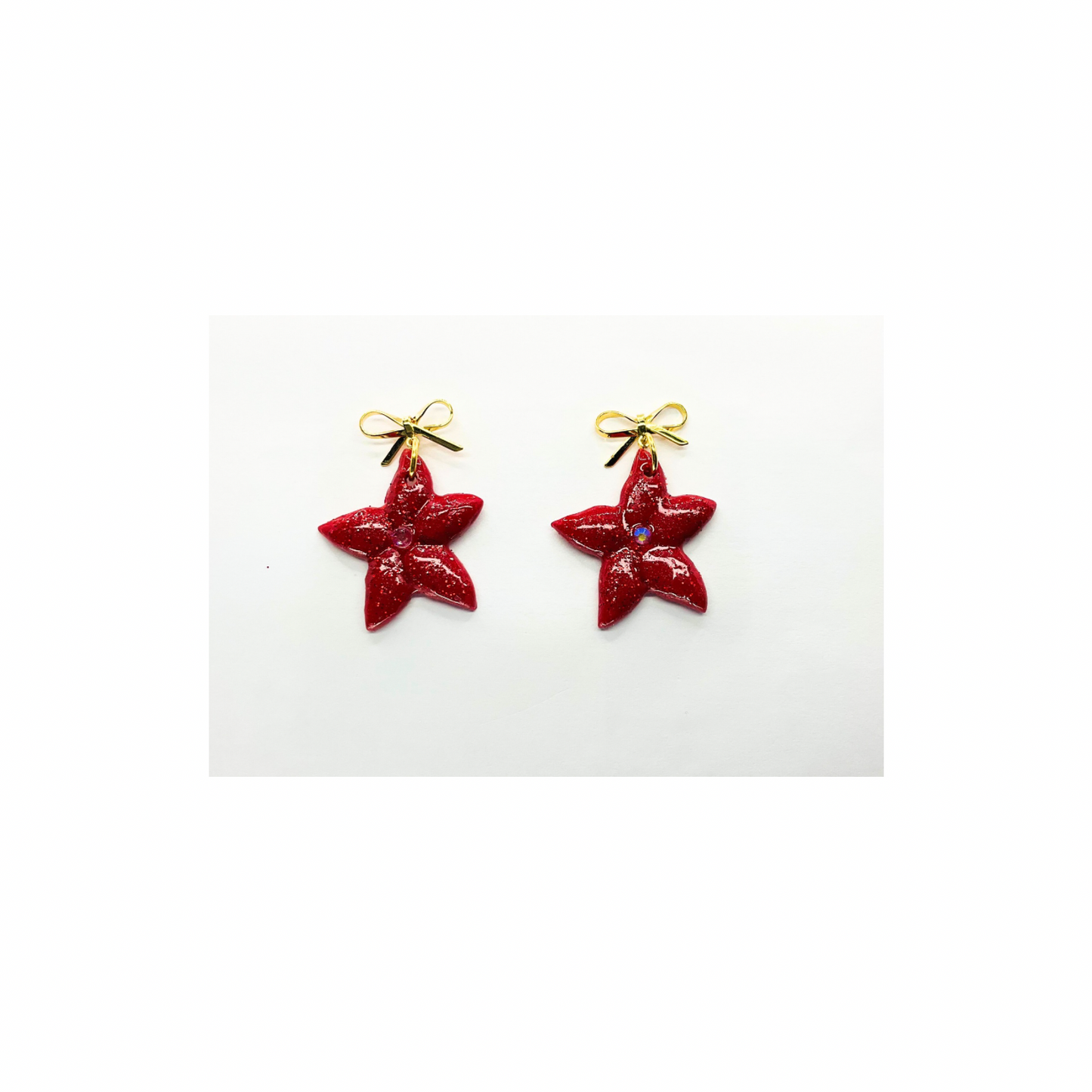 Red Sparkle Poinsettia with Gold Bow Stud Dangle Earrings for Festive Wear