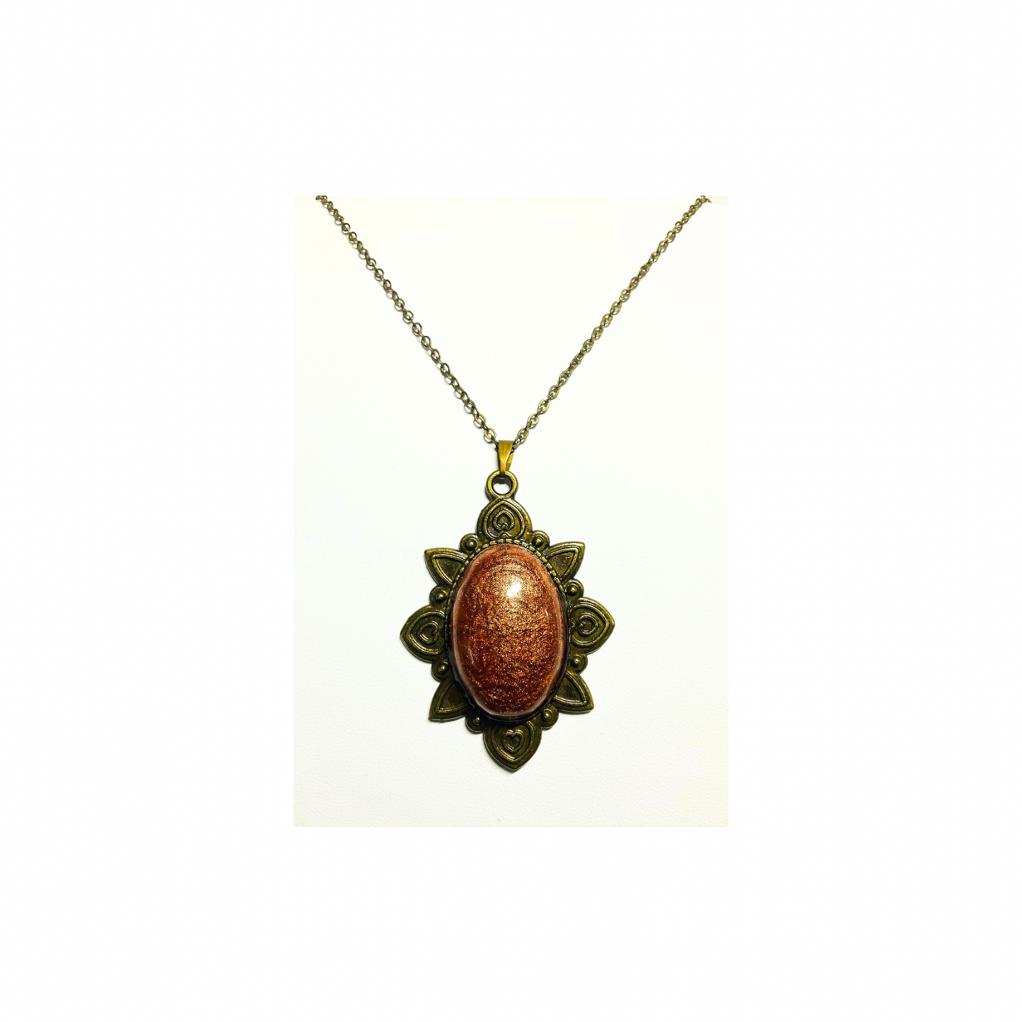 Bronze Oval Antique Style 18-inch Necklace with Oval Pendant and Detailed Floral Design Metal Coating Vintage Aesthetics