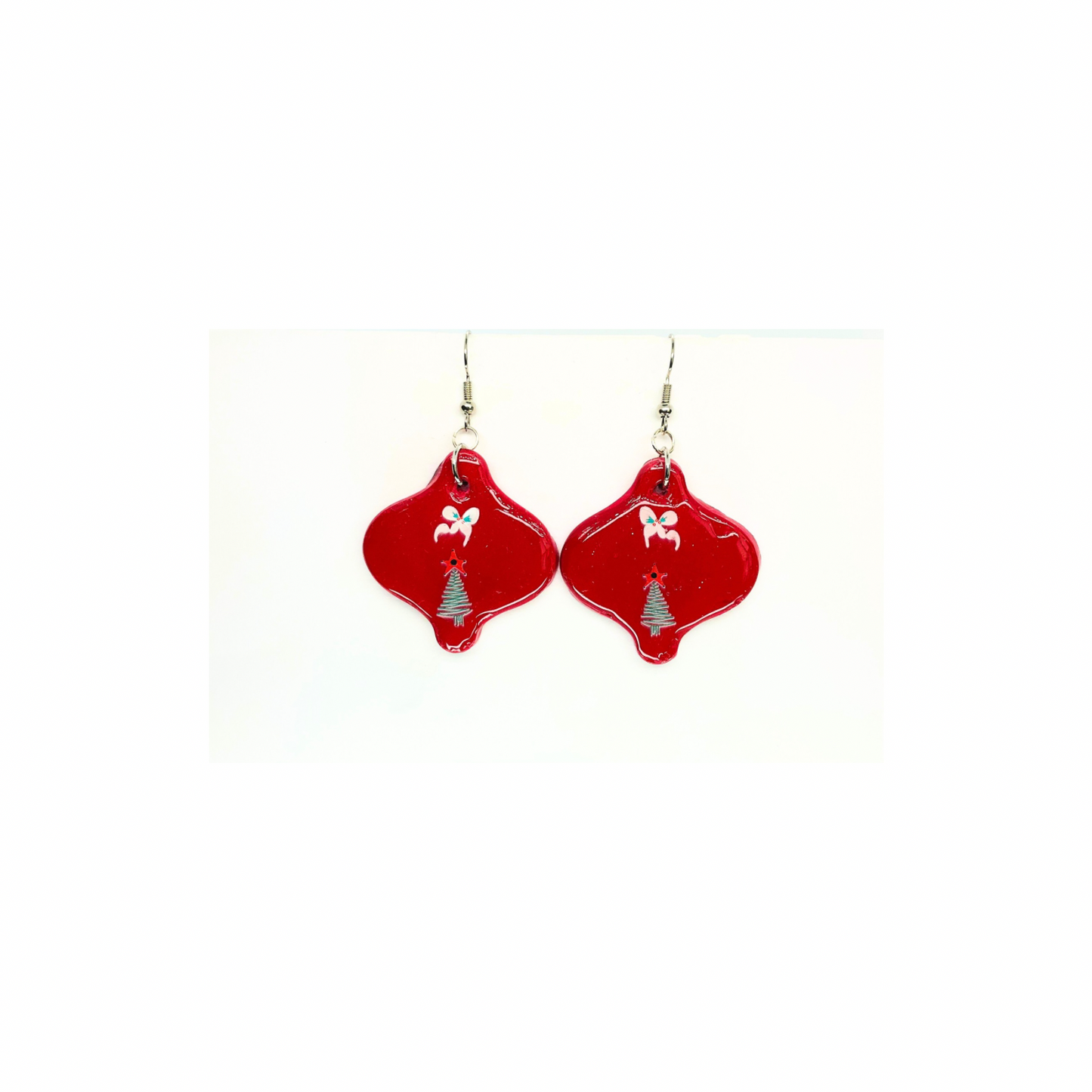 Christmas in July Collection Red Ornament with Tree Embellishment Dangle Earrings Festive Design