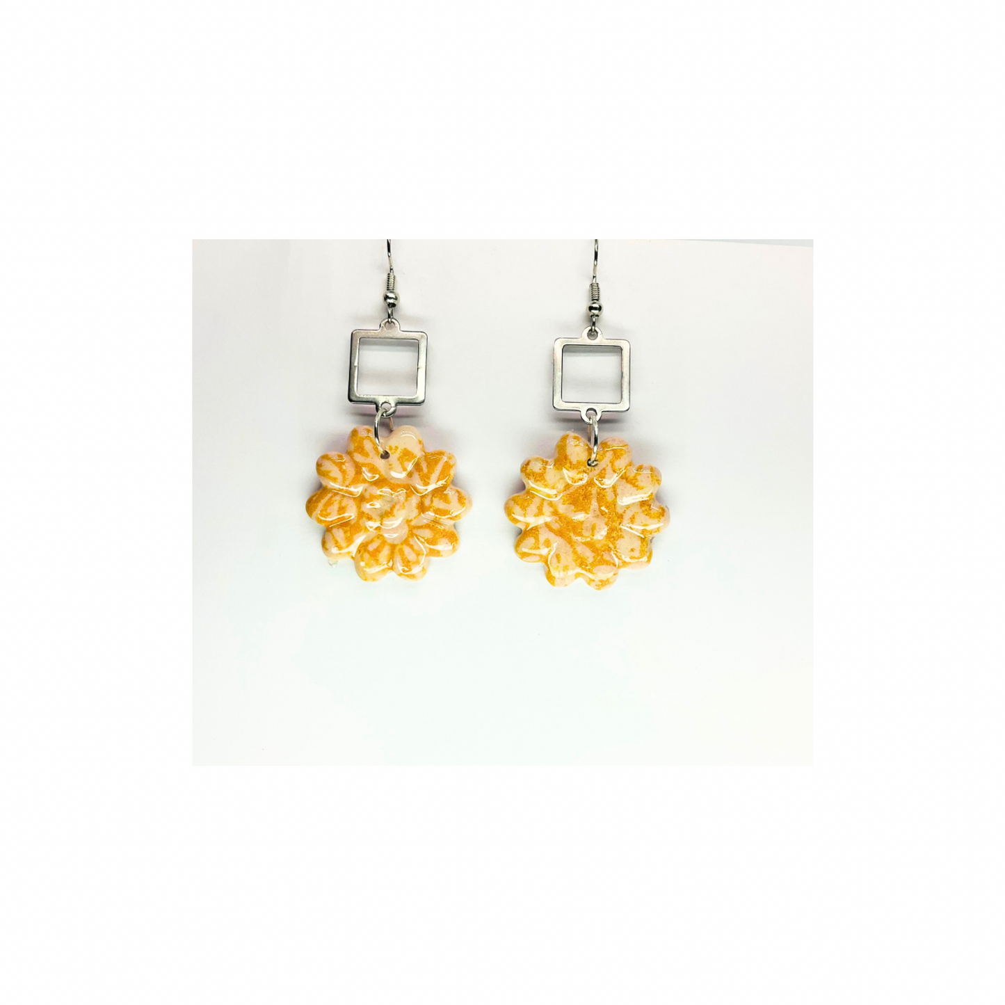 Beach Bloom Collection with Silver Embellishment Dangle Earrings featuring Yellow Floral Design and Square Charms