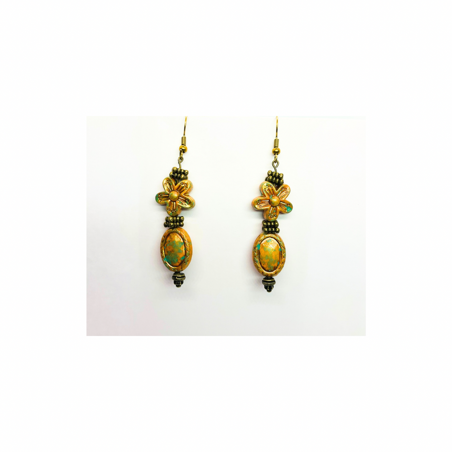 Gold Patina Czech Acrylic Blossom Beaded Earrings