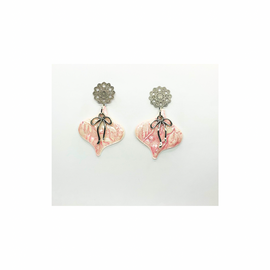 White and Pink Ornament with Filigree Silver Stud Dangle Earring for Elegant and Versatile Styling
