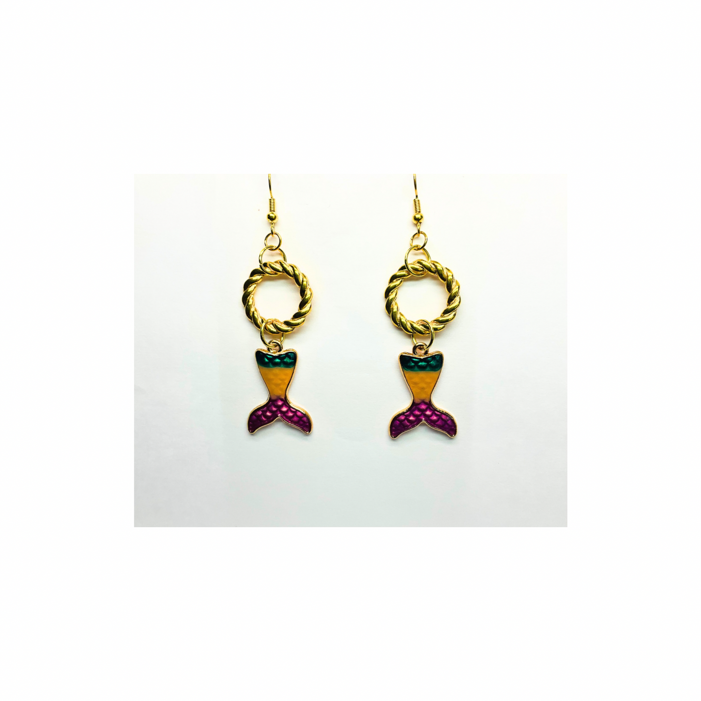 Mermaid Collection Bright Tail with Gold Dangle Earring - Colorful Mermaid Design & Gold Woven Loop Charm