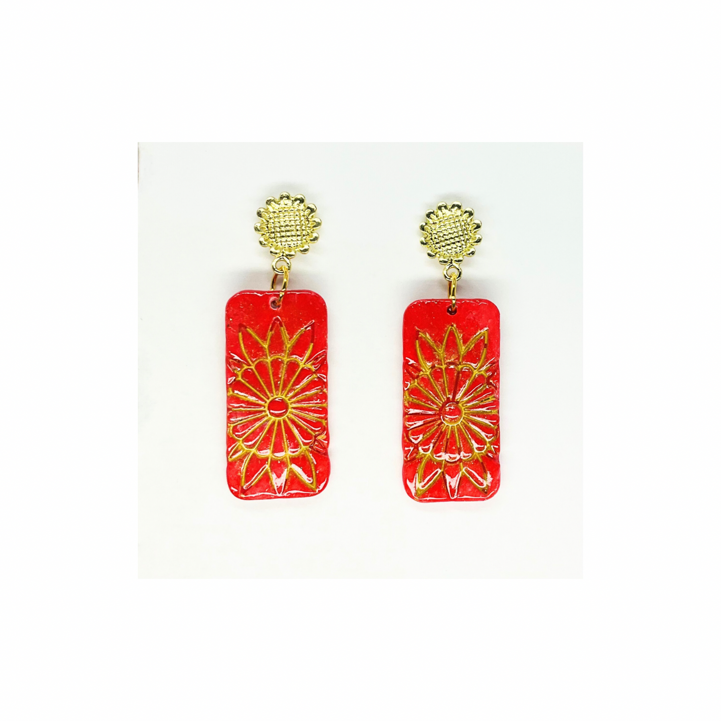 Red and Gold Rectangle Flower Dangle with Gold Stud Earring-Crafting By BB