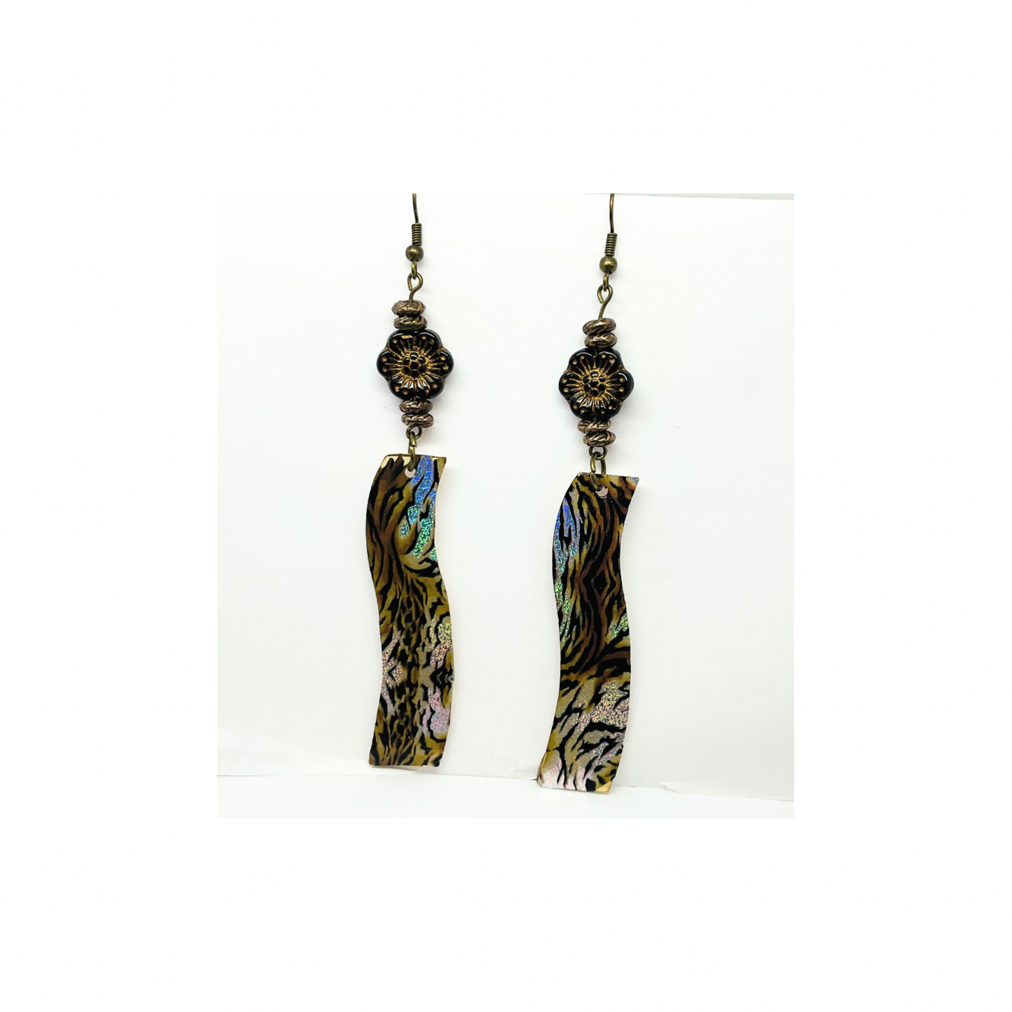 Animal Print Wood Dangle with Brown Flower Bead Earrings
