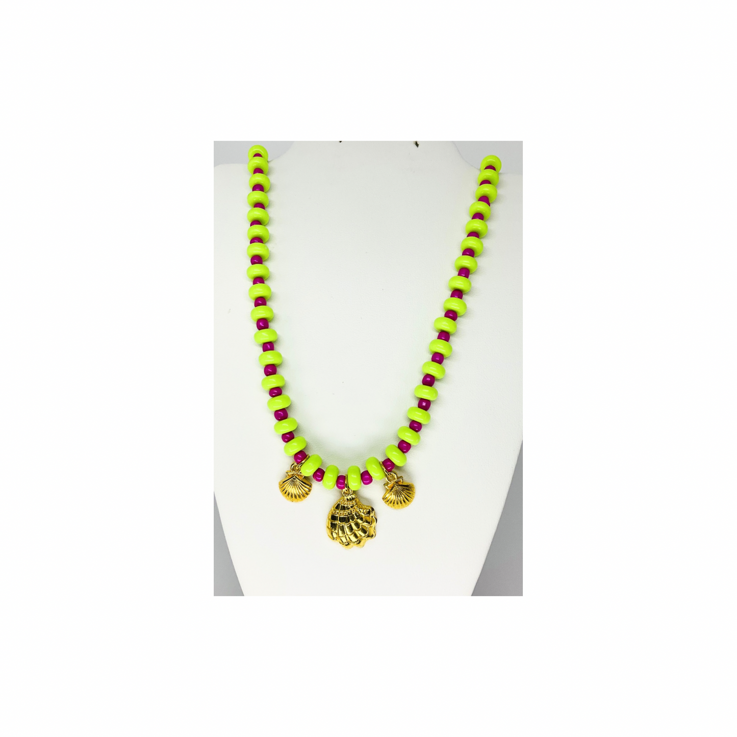 Lime Green and Hot Pink Beaded Necklace with Gold Shell Charms | 18-inch | Crafting By BB