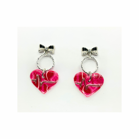 Earrings Featuring Marble Pink Silver Heart with Round Loop and Silver Bow Stud Earrings