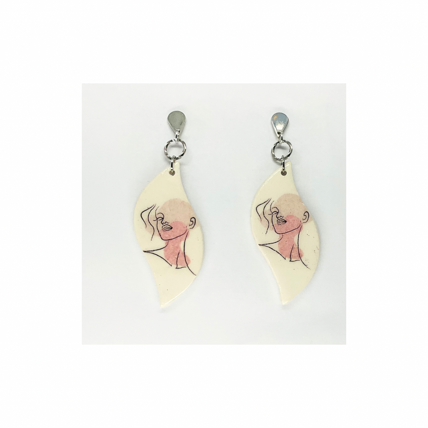 Woman Face Line Art Dangle with Silver Teardrop Stud Earrings-Crafting By BB