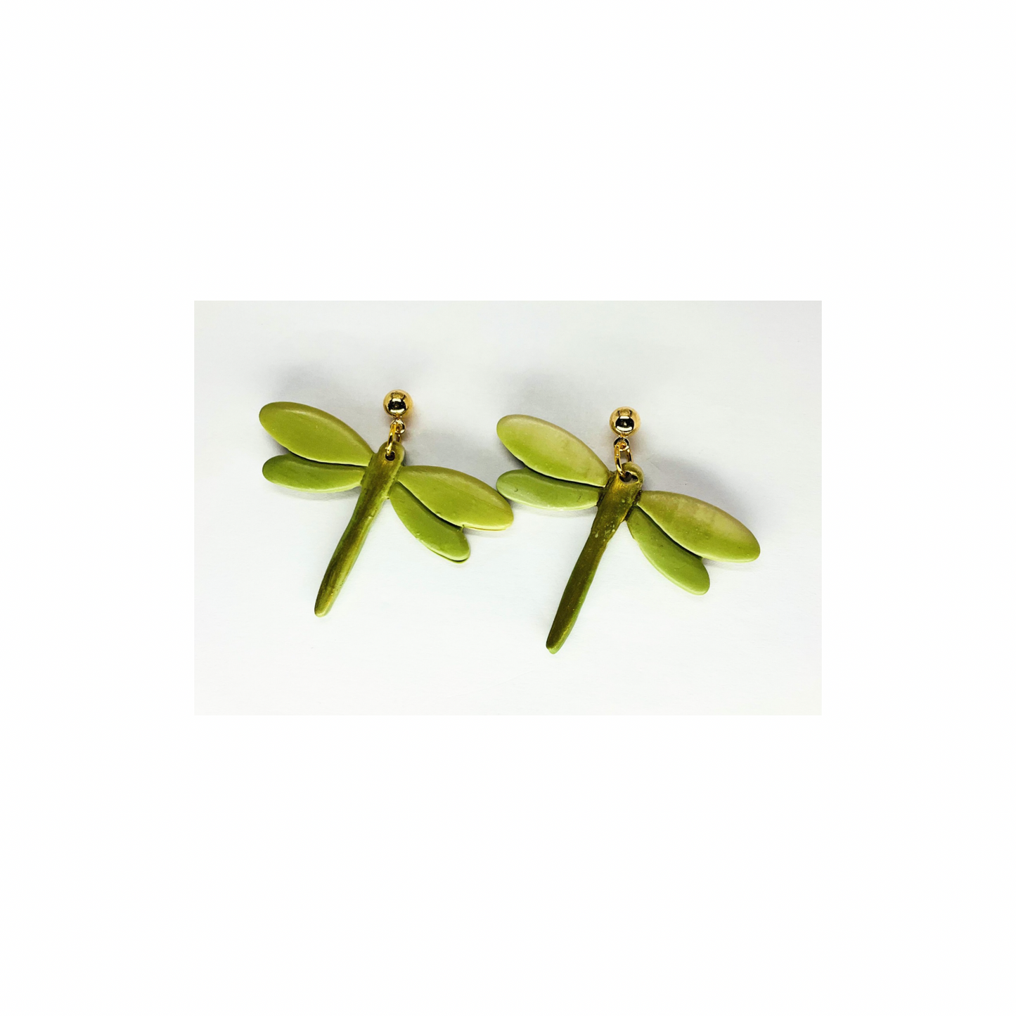 Green and Gold Variegated Dragonfly Dangle with Gold Ball Stud Earrings-Crafting By BB
