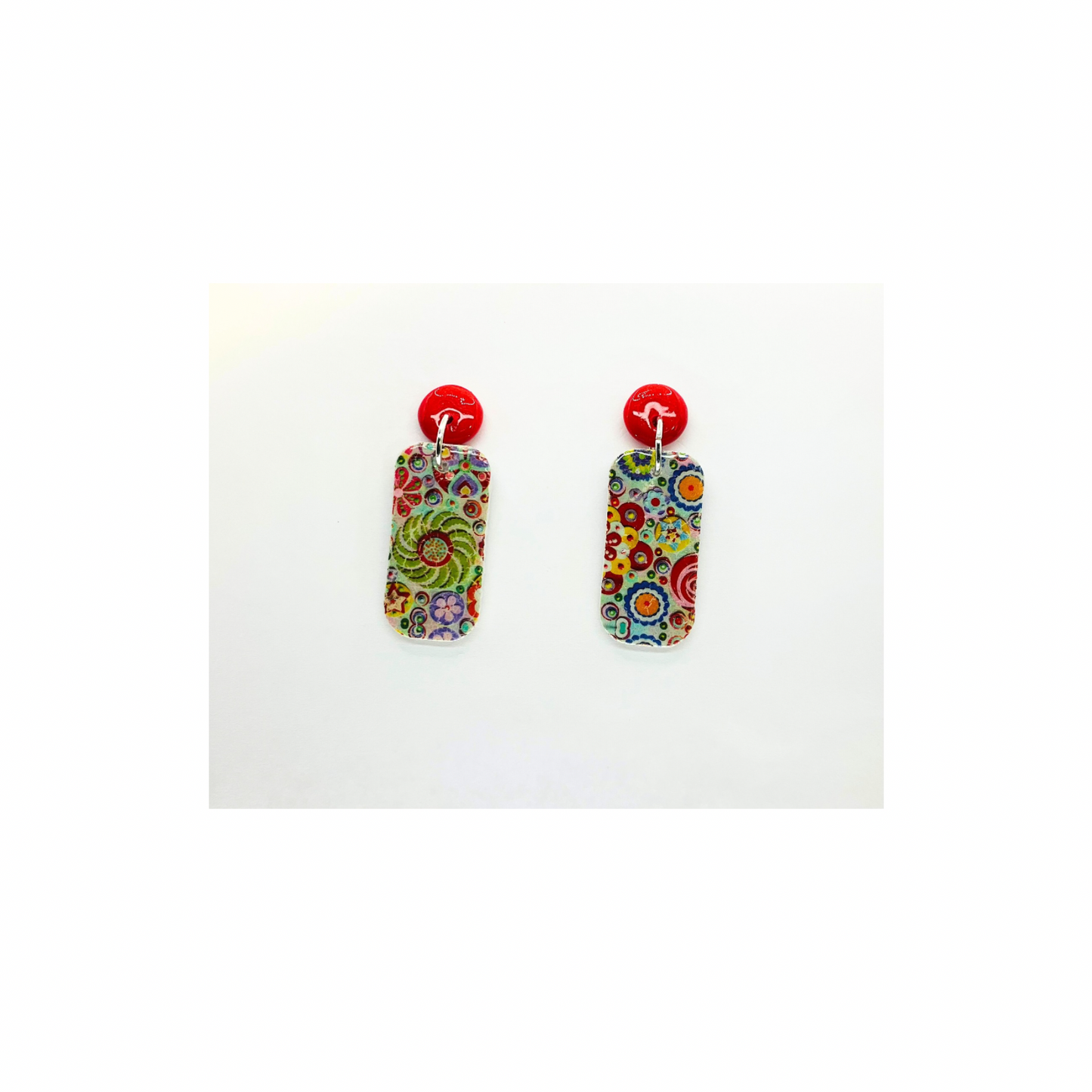 Whimsical Red and Green Rectangle Dangle with Red Button Stud Earrings for Festive Outfits