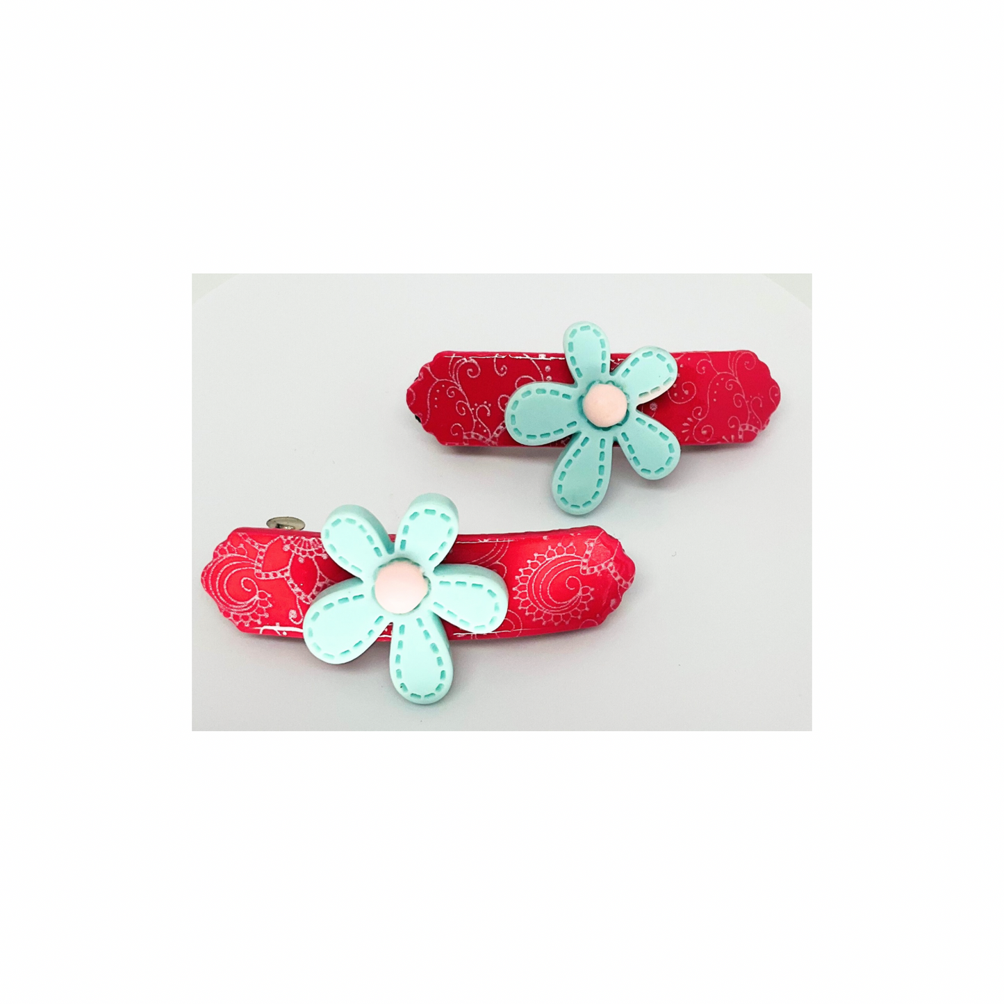 Pink with Blue Flower 2-Inch Hair Barrettes-Crafting By BB