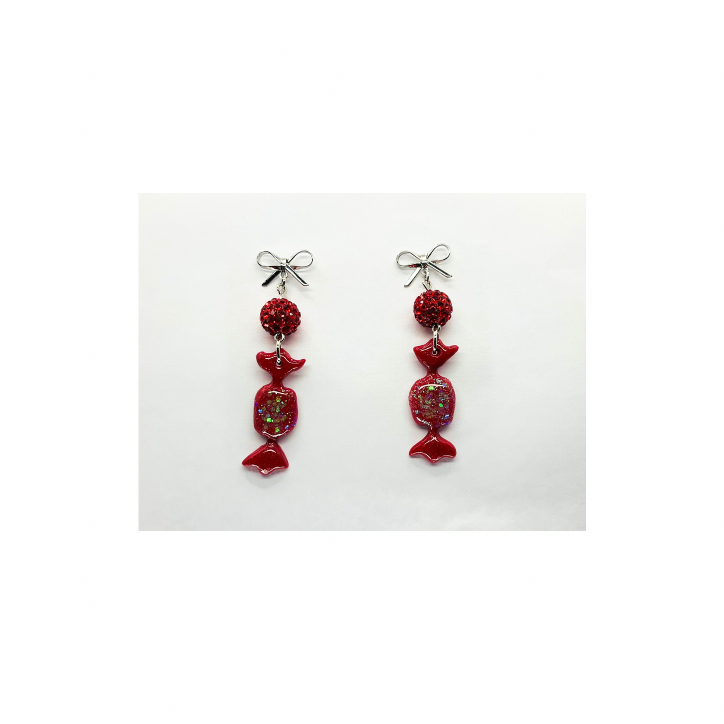 Red Wrapped Candy Earrings with Sparkle Beads and Silver Bow Studs Dangle Design for Festive Wear