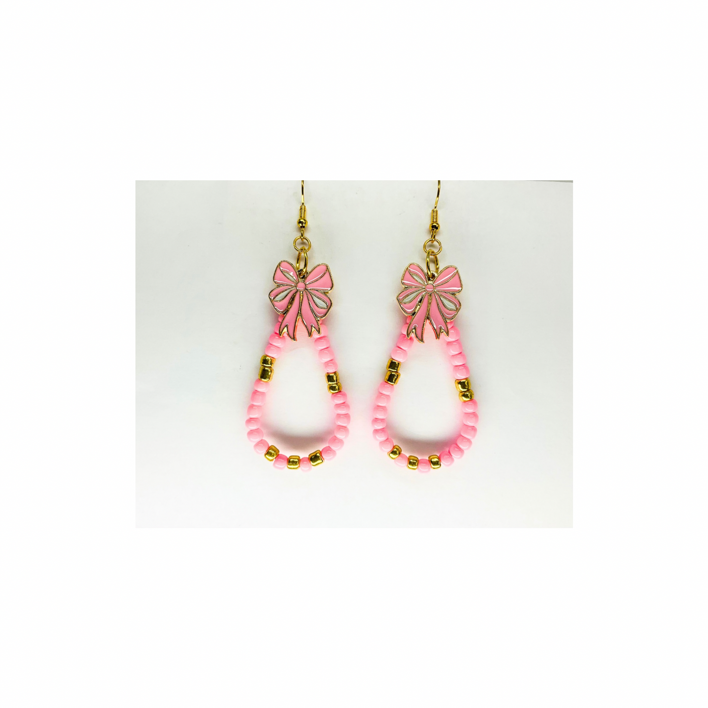 Pink and Gold Teardrop Beaded Dangle with Pink Bow Charm Earrings