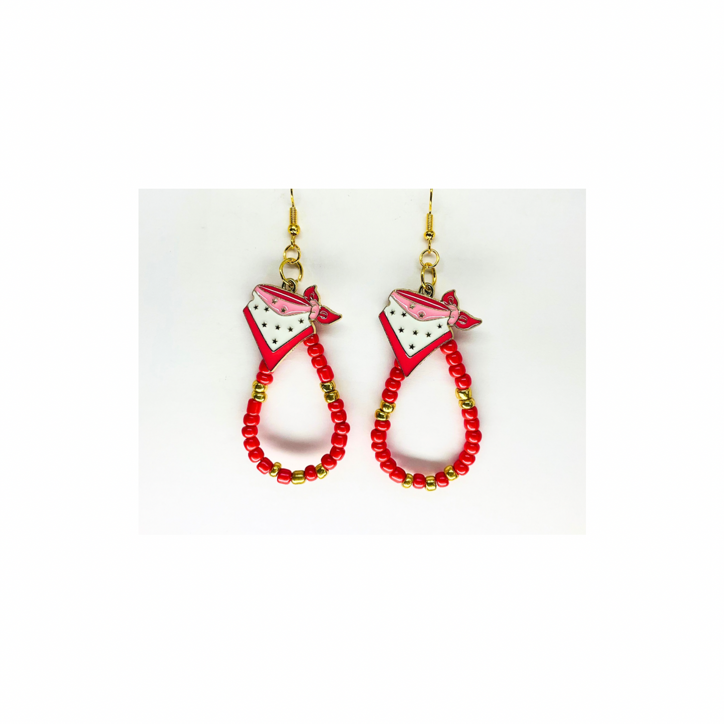 Teardrop Watermelon Pink and Gold Beads with Bandana Charm Earrings