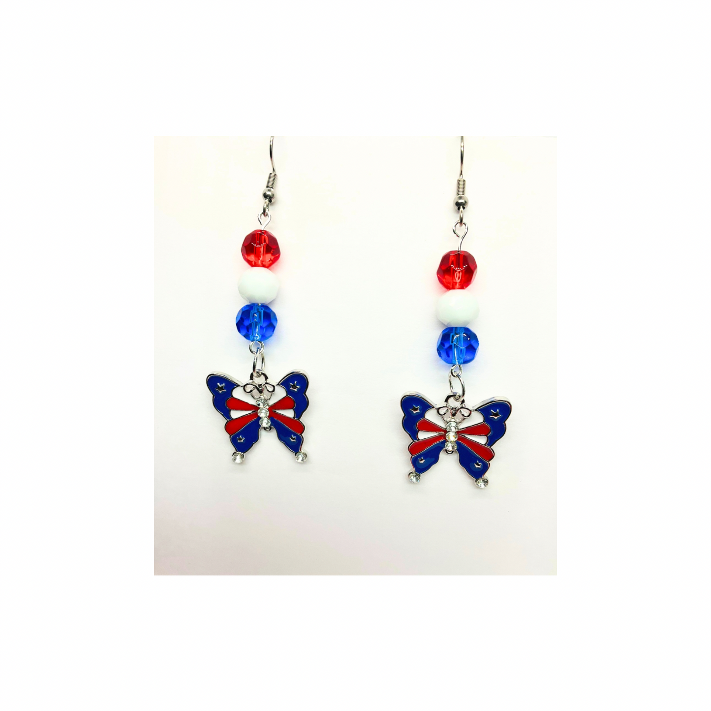 Patriotic Collection Butterfly Charm with Bead Dangle Earrings - Elegant Red White Blue Beads & Patriotic Butterfly Design for Women