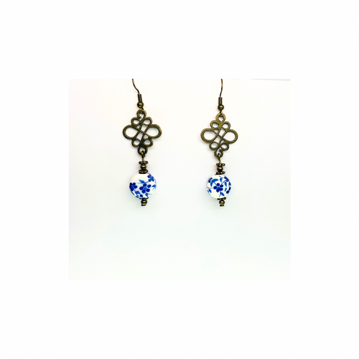 Porcelain Bead Collection Romantic Blue Flower Dangle Earrings for Female with Unique Design