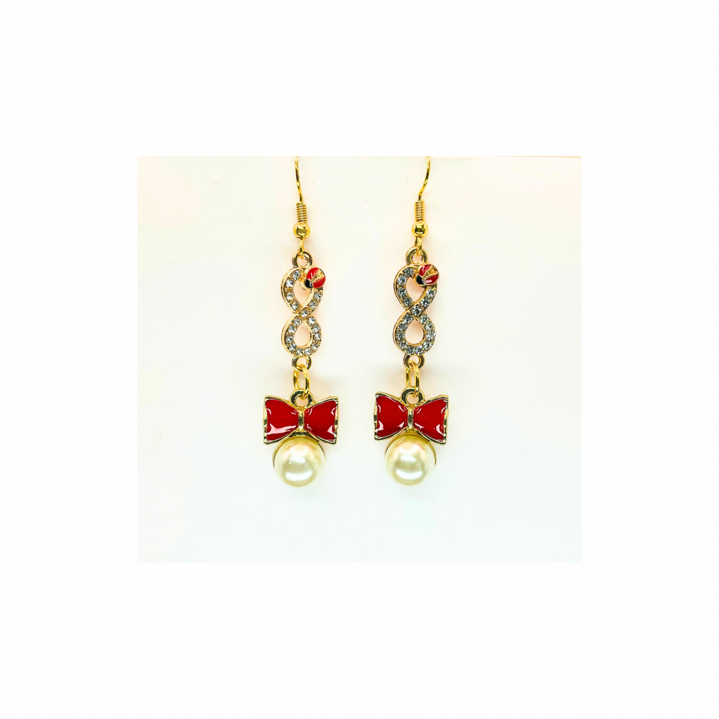 Red Bow with Pearl and Ladybug Rhinestone Dangle Earrings
