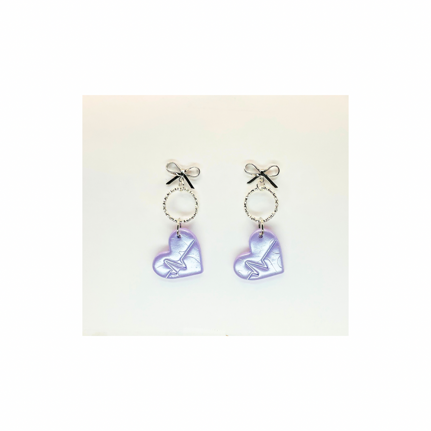 Light Purple Iridescent Heart Dangle with Silver Stud Bow Earrings