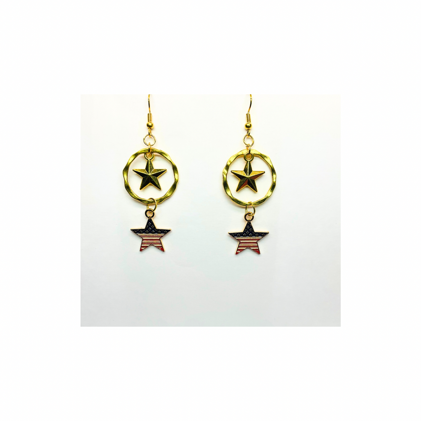 Patriotic Collection Gold Circle with Star Charm Dangle Earrings American Flag Design