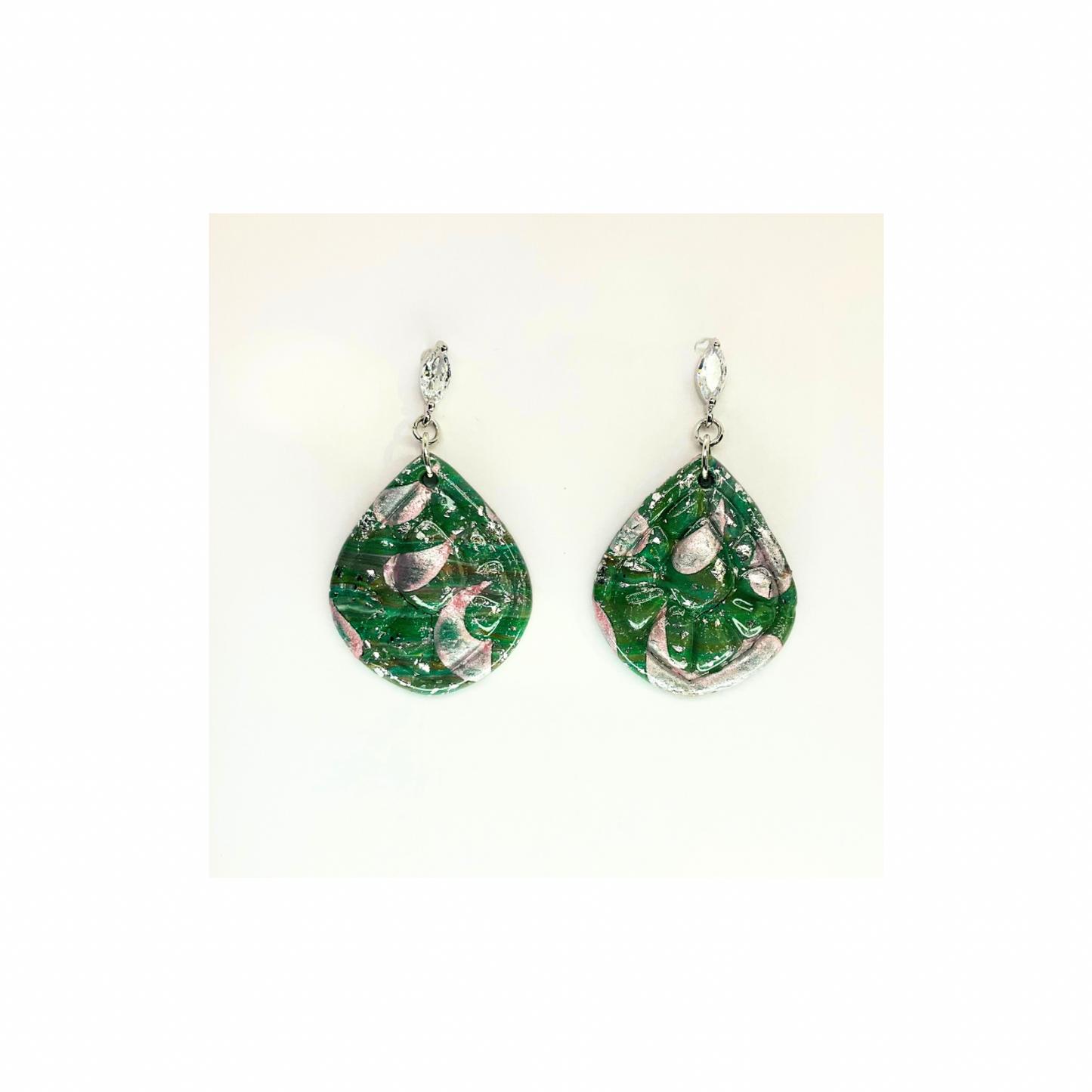 Green Silver Sparkle with Pearl Pink on Rhinestone Stud Dangle Earring for Adults Sparkly Teardrop Design