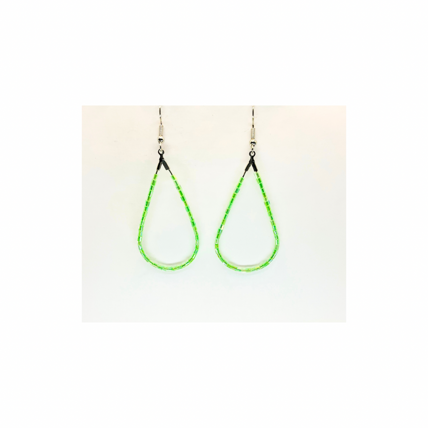 Lime Green Bugle Bead Teardrop Dangle Earring