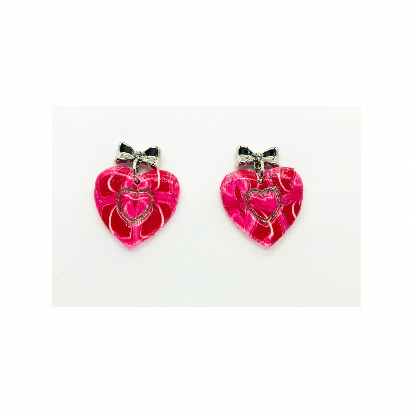 Pink Silver Marble Heart with Bow Stud Earrings