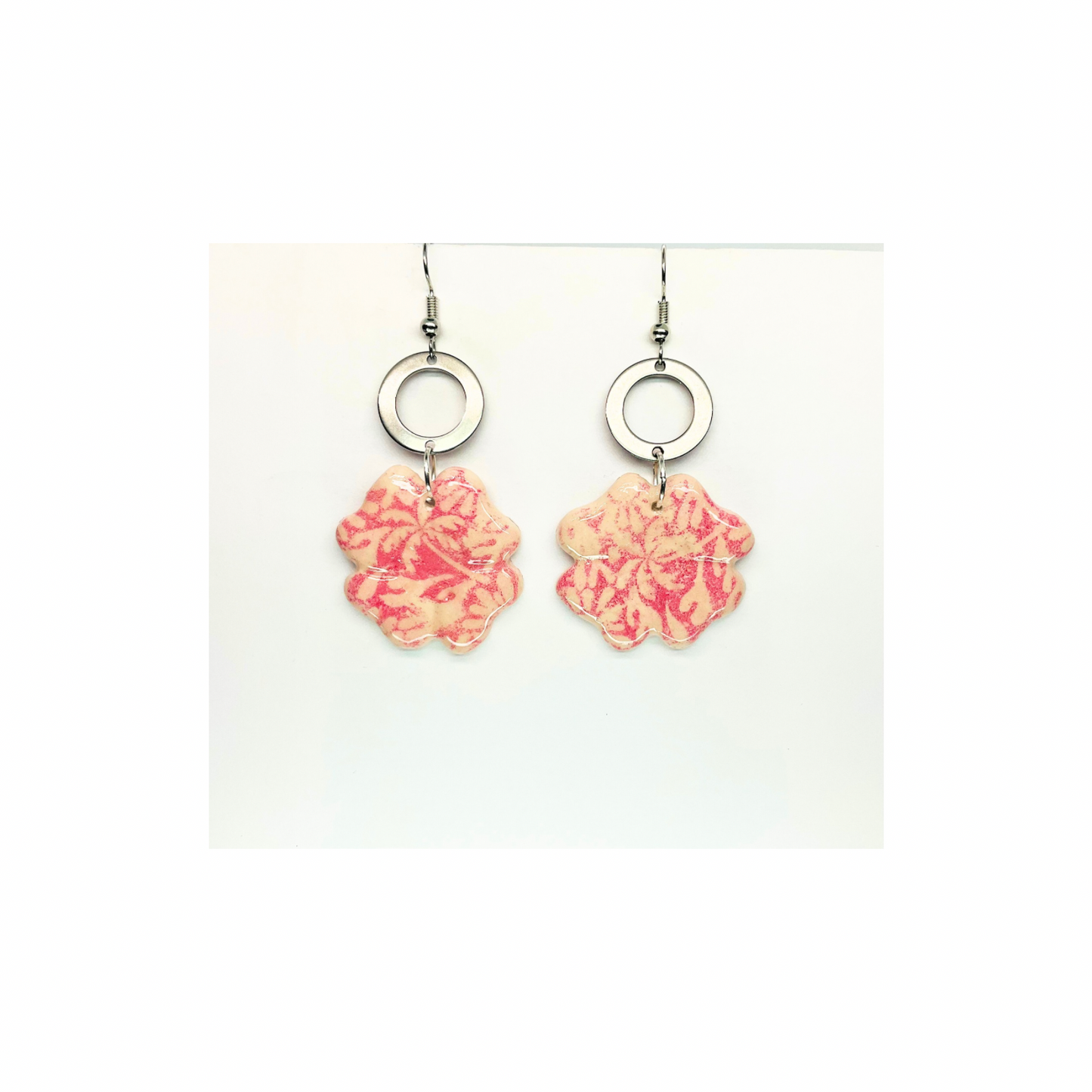 Beach Bloom Collection Pink Flower with Silver Circle Dangle Earring for Female FashionJewelry