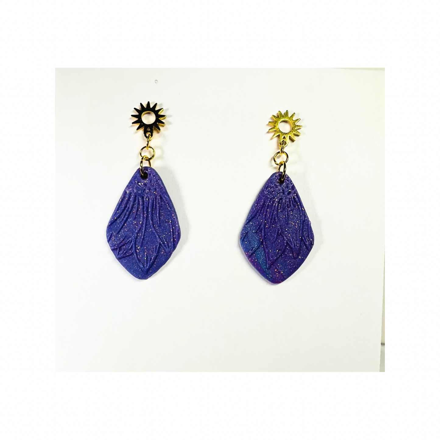 Purple Sunflower Dangle Earrings with Gold Stud