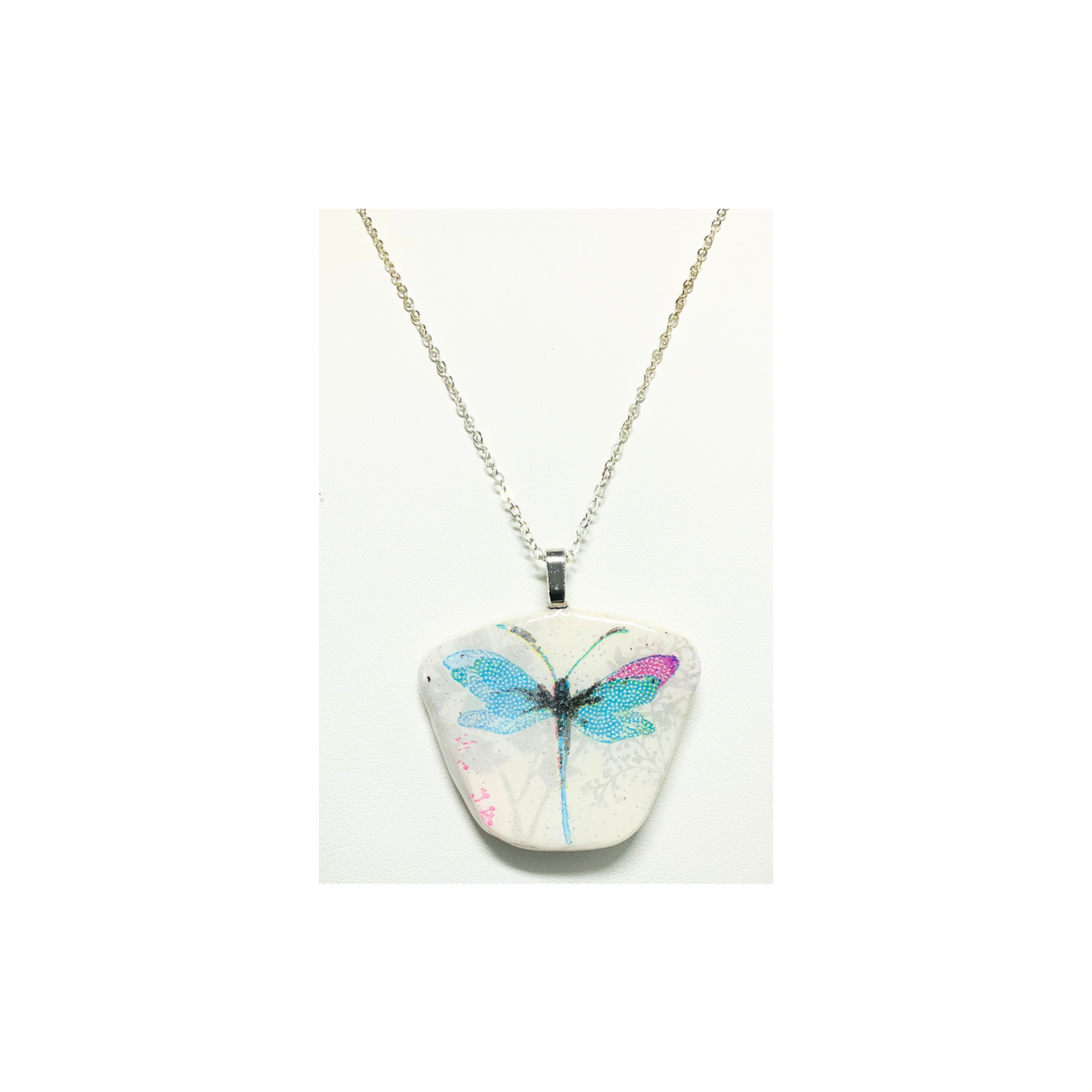 Dragonfly Blue and Pink Pendant Necklace 18-inch Silver Chain Necklace with Colorful Dragonfly Design